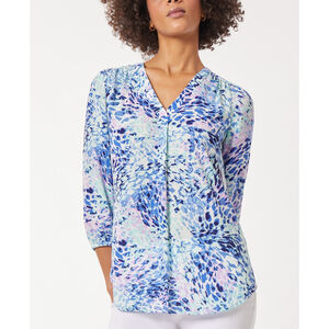 Jones New York Women's Extra Small Blue Floral Print V-Neck 3/4-Sleeve Top NWT